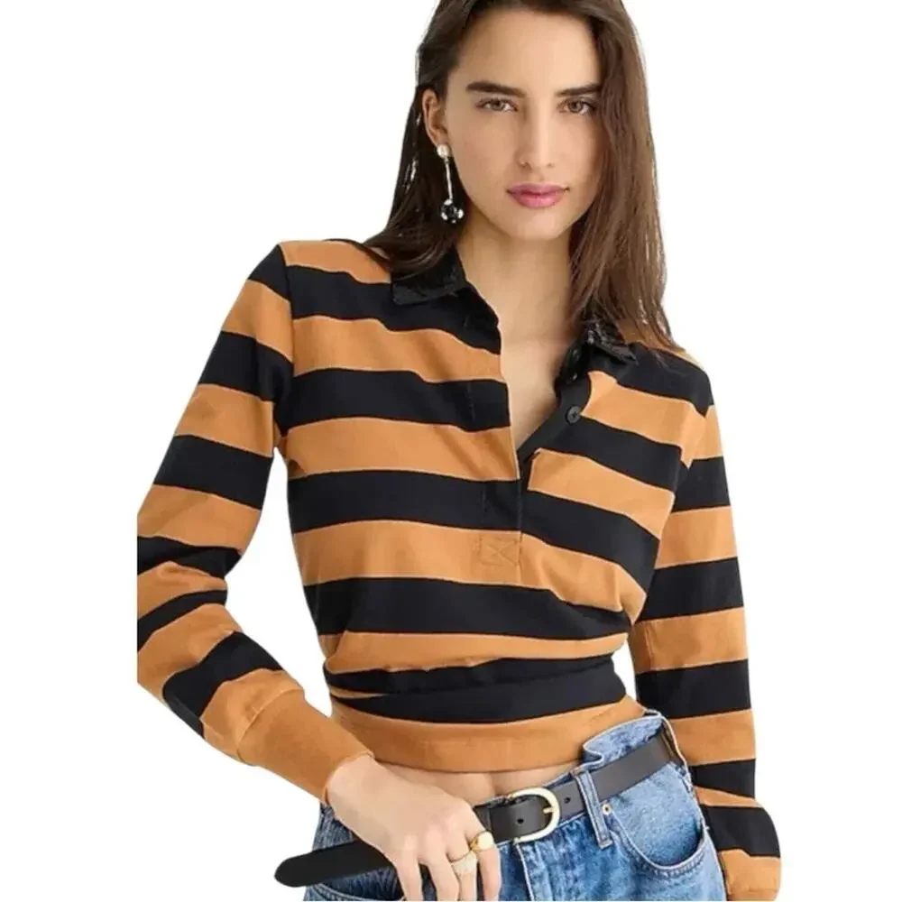 J. Crew Orange and Black Striped Sequin Rugby Shirt Polo Orange Black SZ Small